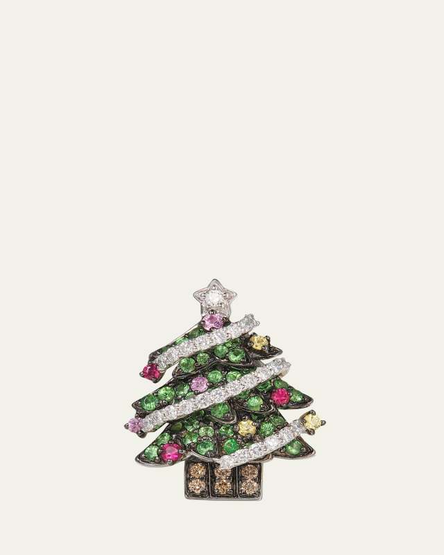 White Gold Christmas Tree Single Earring with Green Garnet and Sapphires